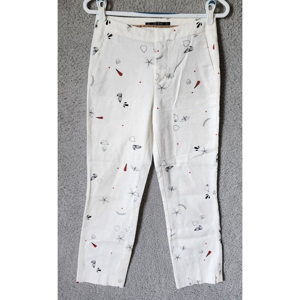 Zara Basic Collection Women's Woven Knit Ankle Pants White Floral Doodles Size S